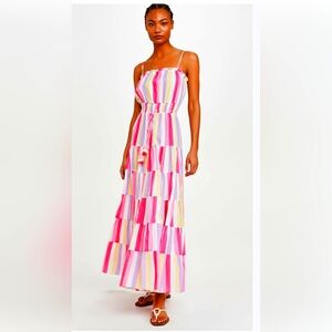 🦋Playa Lucile Pink and Purple Ruffled Tiered Maxi Sundress Med EUC